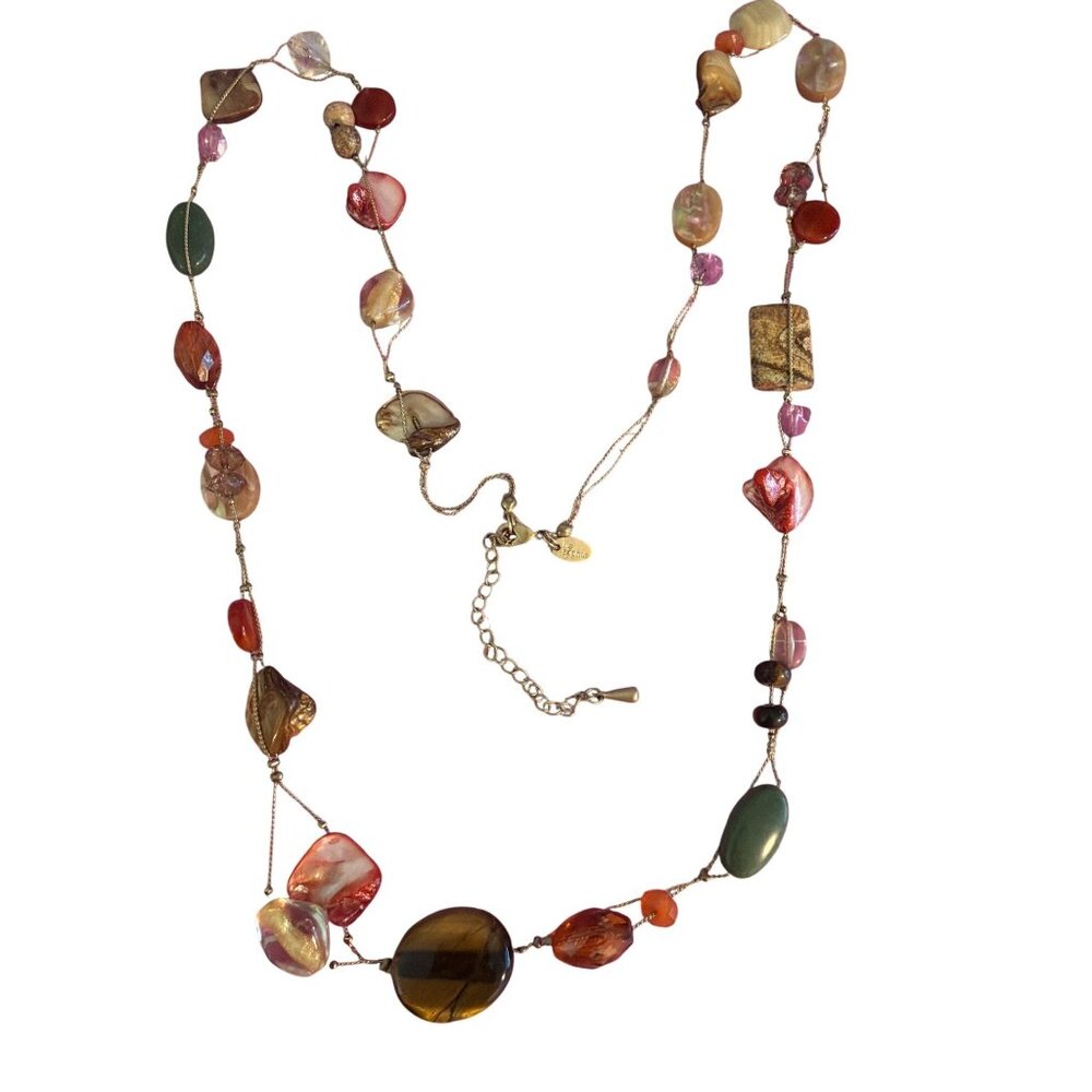 Lia Sophia Maggie Long Necklace Gold Tone Stones Shell Beads Stations Adj 40"